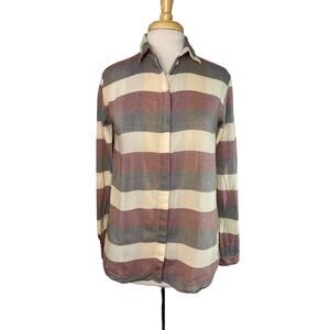 KOWTOW Wide Stripe Red Gray Ivory Button Up Blouse Size XS Womens Organic Cotton